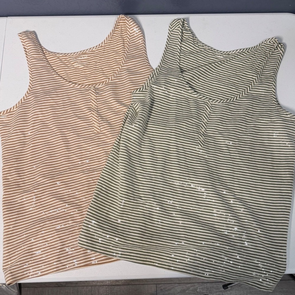 Hannah Striped Sequin Tank Tops XL Green Tan‎ Bundle of 2